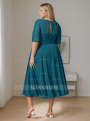 Plus Size Tea-Length Mother of the Bride A-Line Dress with Ruffles Round Neck and Half Sleeves