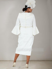 Plus Size Tea-Length Mother of the Bride Dress with 3/4 Sleeves Belt and Pearl Details