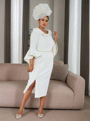 Plus Size Tea-Length Mother of the Bride Dress with 3/4 Sleeves Belt and Pearl Details