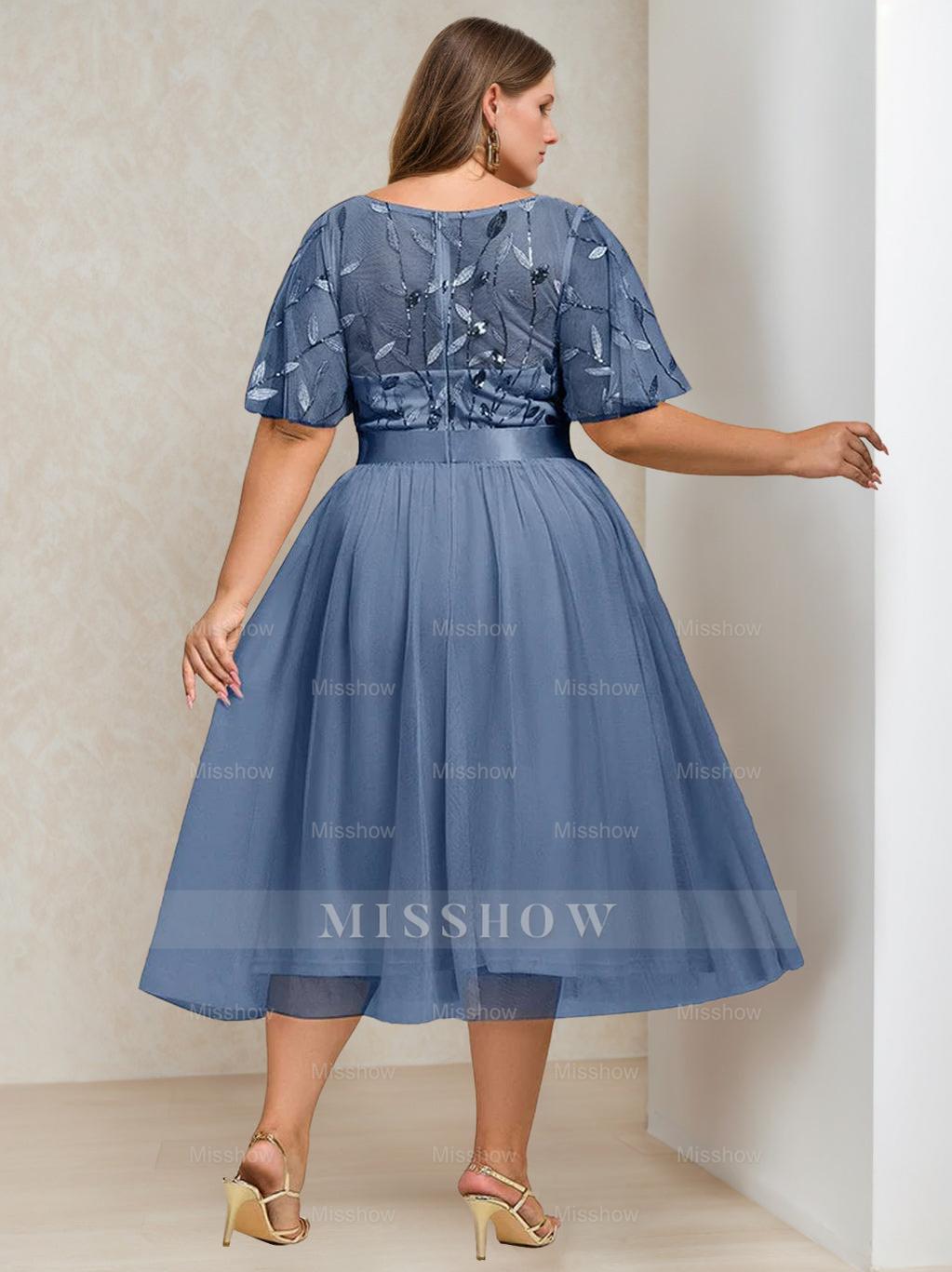 Plus Size Tea-Length Mother of the Bride Dress with Sequins and Embroidery A-Line/Princess Cut Round Neck and Short Sleeves