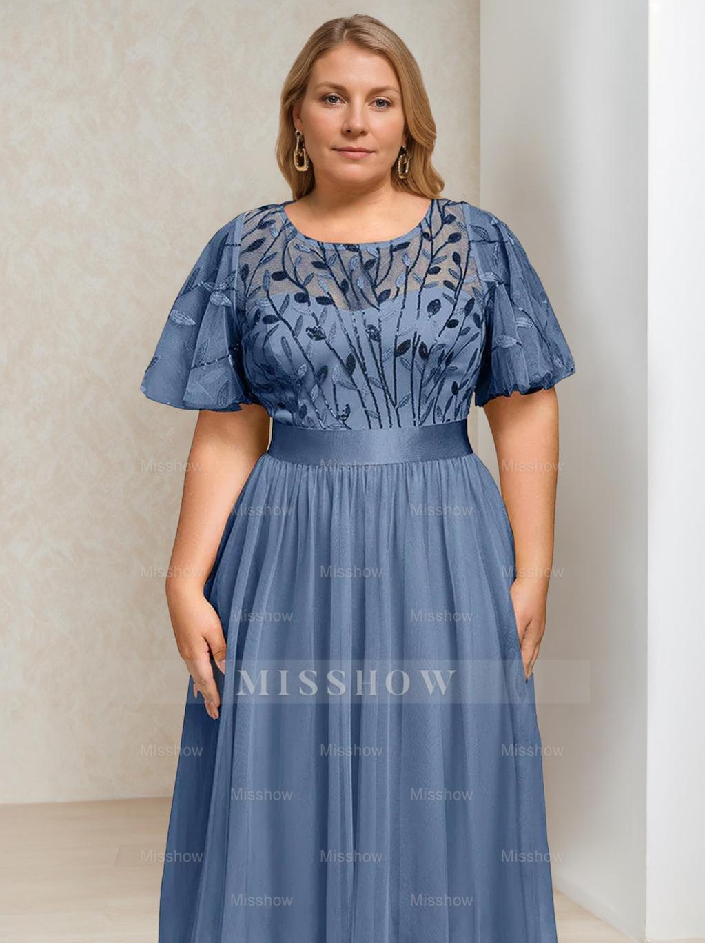Plus Size Tea-Length Mother of the Bride Dress with Sequins and Embroidery A-Line/Princess Cut Round Neck and Short Sleeves