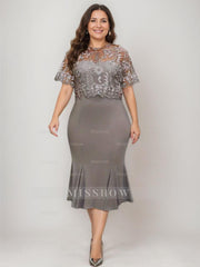 Plus Size Tea-Length Mother of the Bride Dresses with Appliques Trumpet/Mermaid Scoop Half Sleeves