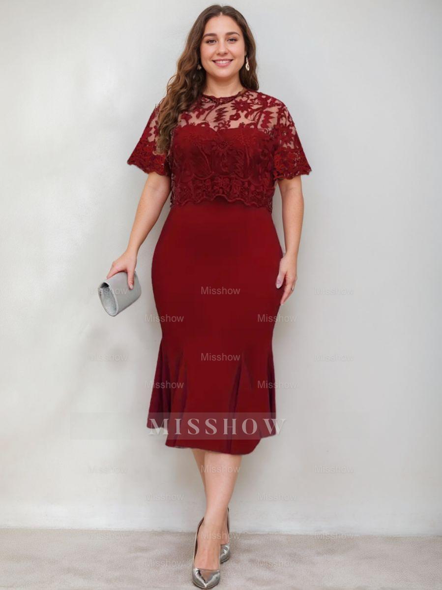 Plus Size Tea-Length Mother of the Bride Dresses with Appliques Trumpet/Mermaid Scoop Half Sleeves
