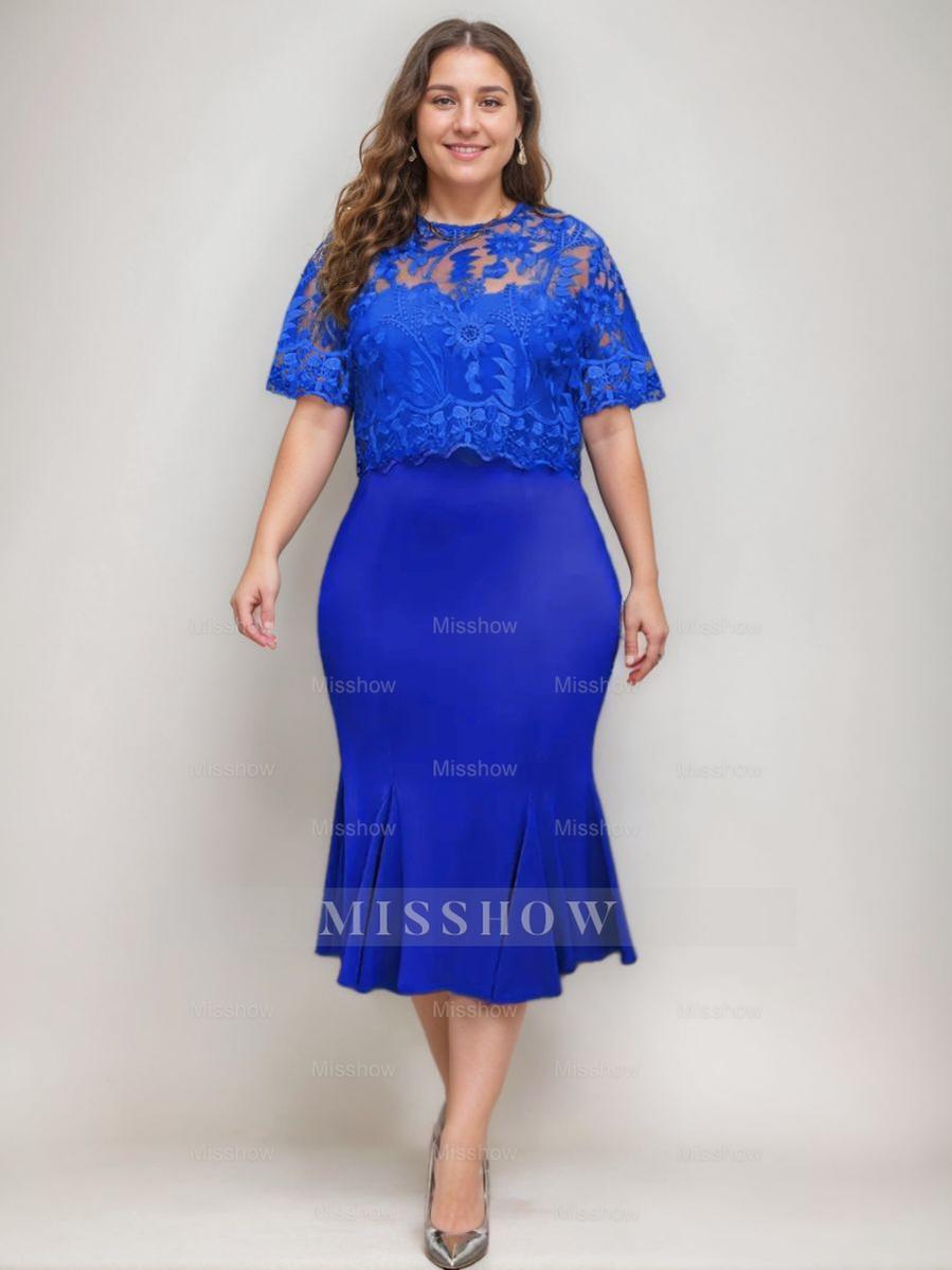 Plus Size Tea-Length Mother of the Bride Dresses with Appliques Trumpet/Mermaid Scoop Half Sleeves