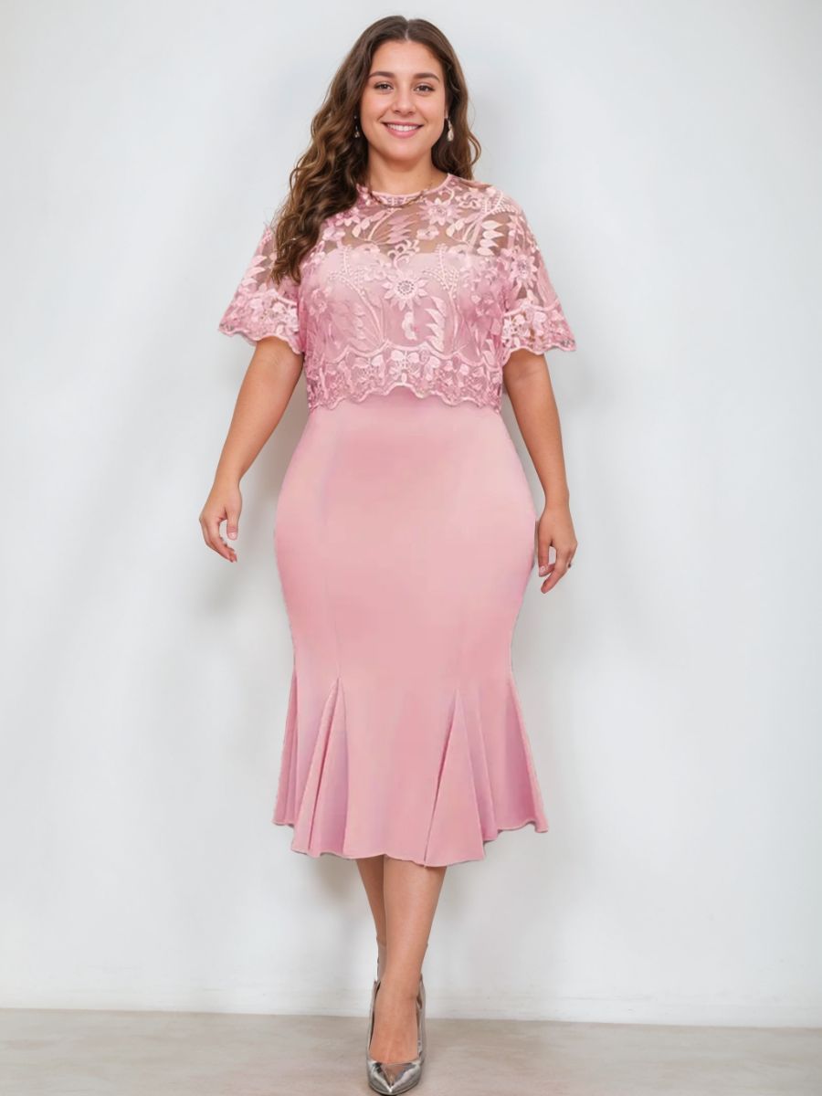 Plus Size Tea-Length Mother of the Bride Dresses with Appliques Trumpet/Mermaid Scoop Half Sleeves