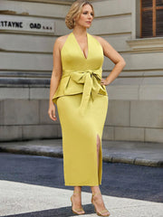 Plus Size Tea-Length Mother of the Bride Halter Dress with Bowknot