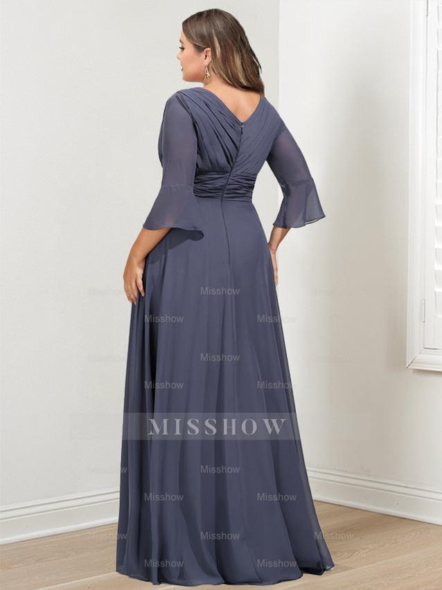 Plus Size V-Neck A-Line Mother of the Bride Dress with 3/4 Sleeves and Asymmetrical Ruffles
