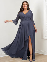 Plus Size V-Neck A-Line Mother of the Bride Dress with 3/4 Sleeves and Asymmetrical Ruffles