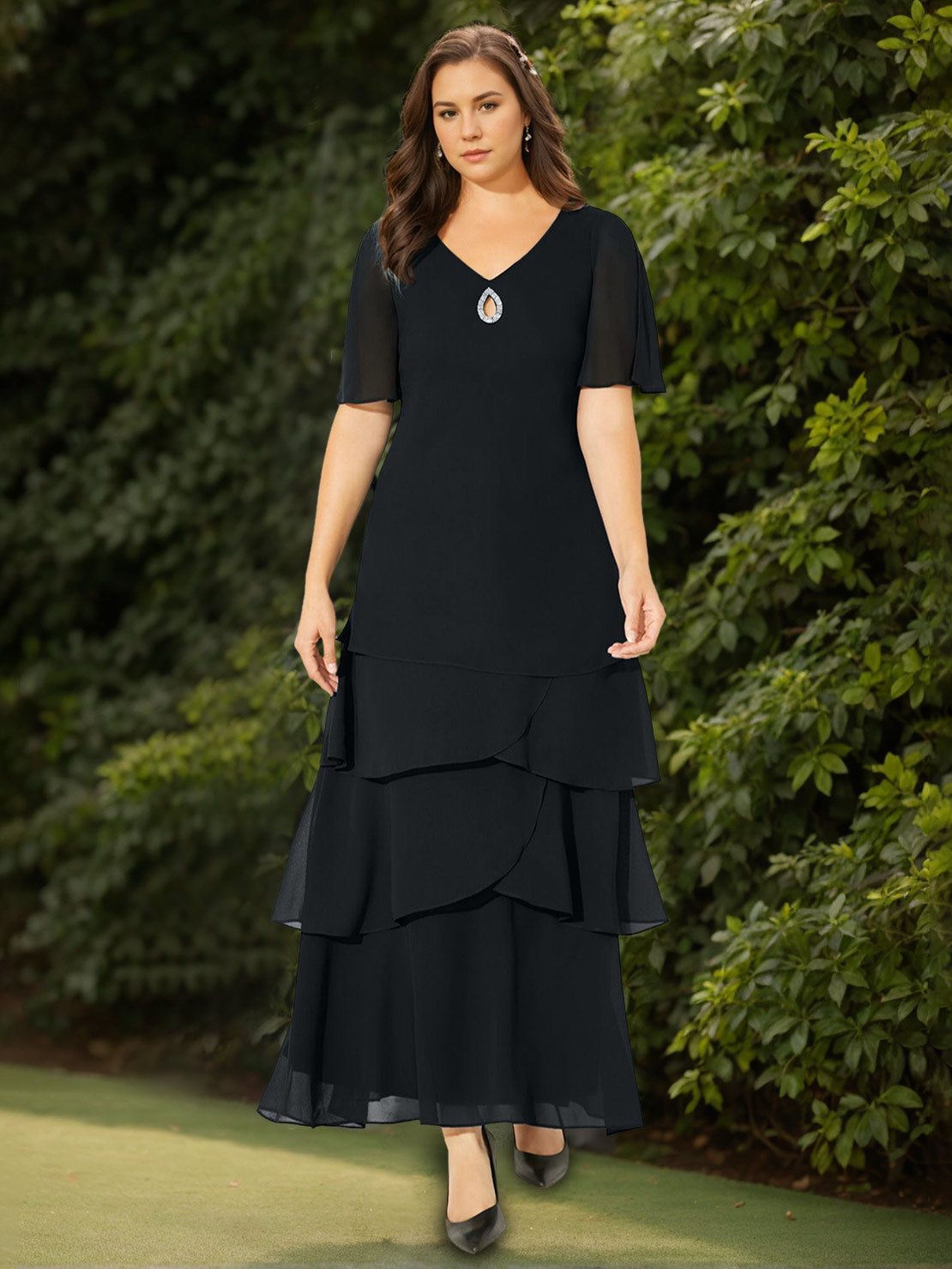 Plus Size V-Neck A-Line Princess Ankle-Length Mother Of The Bride/Groom Dress with Sequins and Ruffles