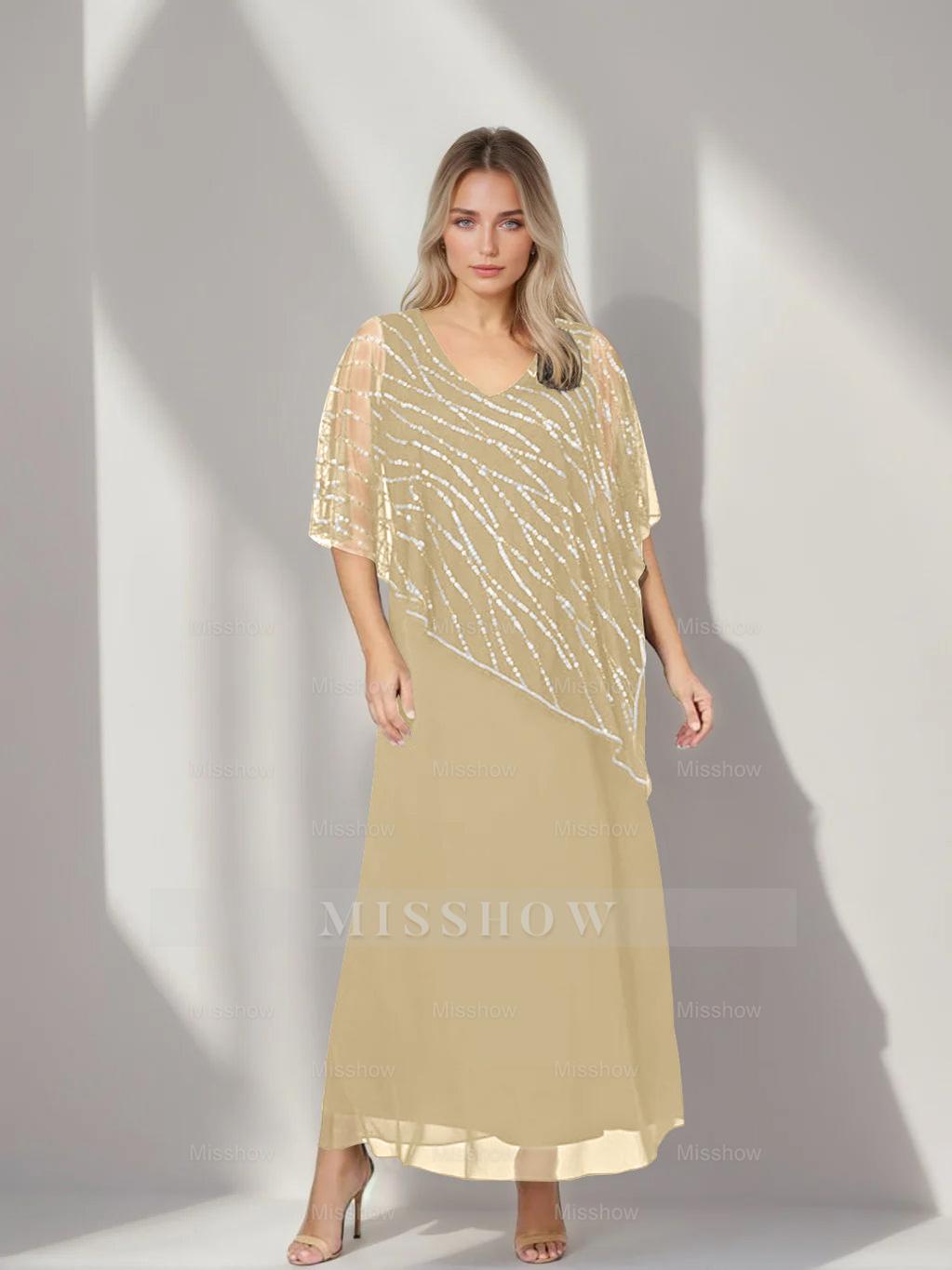 Plus Size V-Neck A-Line Princess Ankle-Length Mother of the Bride Dress with Asymmetrical Cape Popover and Half Sleeves
