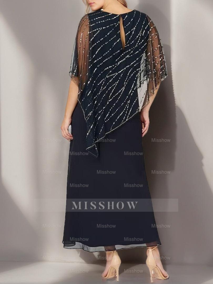 Plus Size V-Neck A-Line Princess Ankle-Length Mother of the Bride Dress with Asymmetrical Cape Popover and Half Sleeves