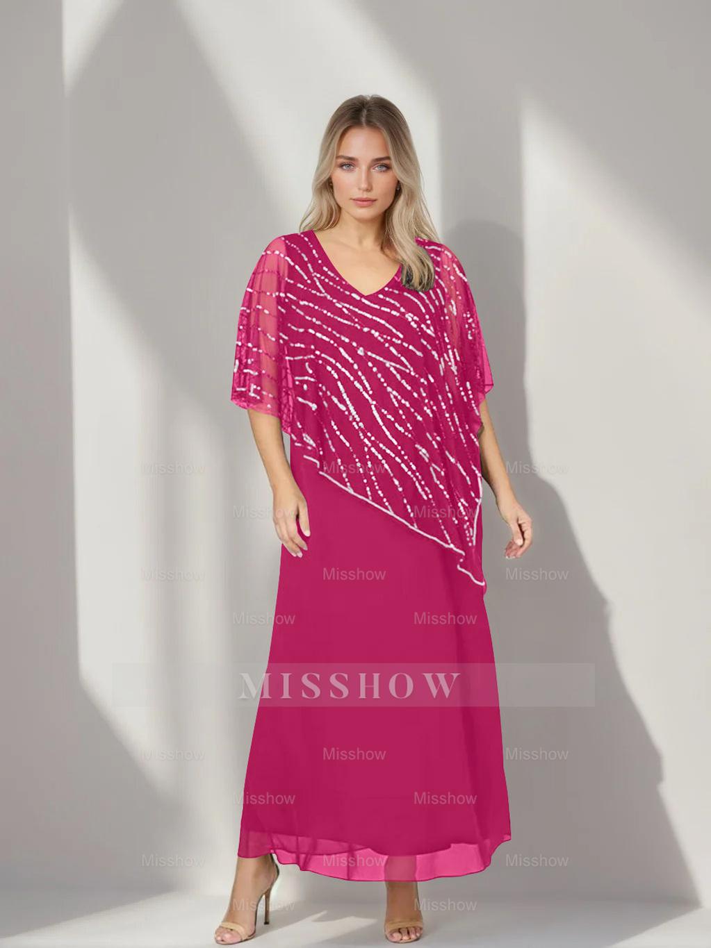 Plus Size V-Neck A-Line Princess Ankle-Length Mother of the Bride Dress with Asymmetrical Cape Popover and Half Sleeves