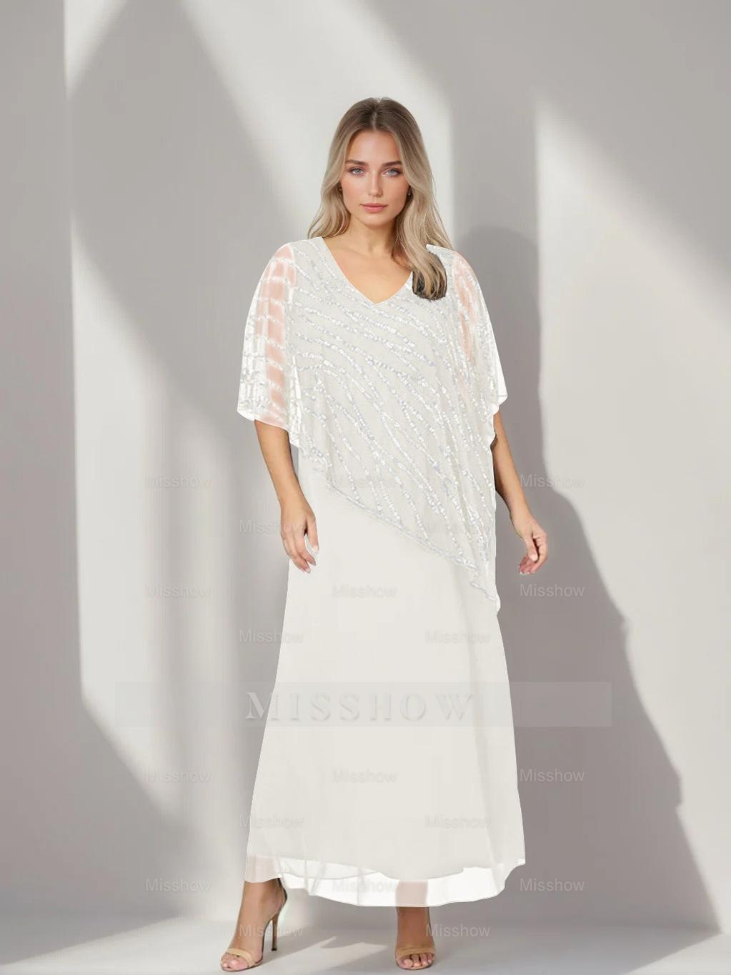 Plus Size V-Neck A-Line Princess Ankle-Length Mother of the Bride Dress with Asymmetrical Cape Popover and Half Sleeves