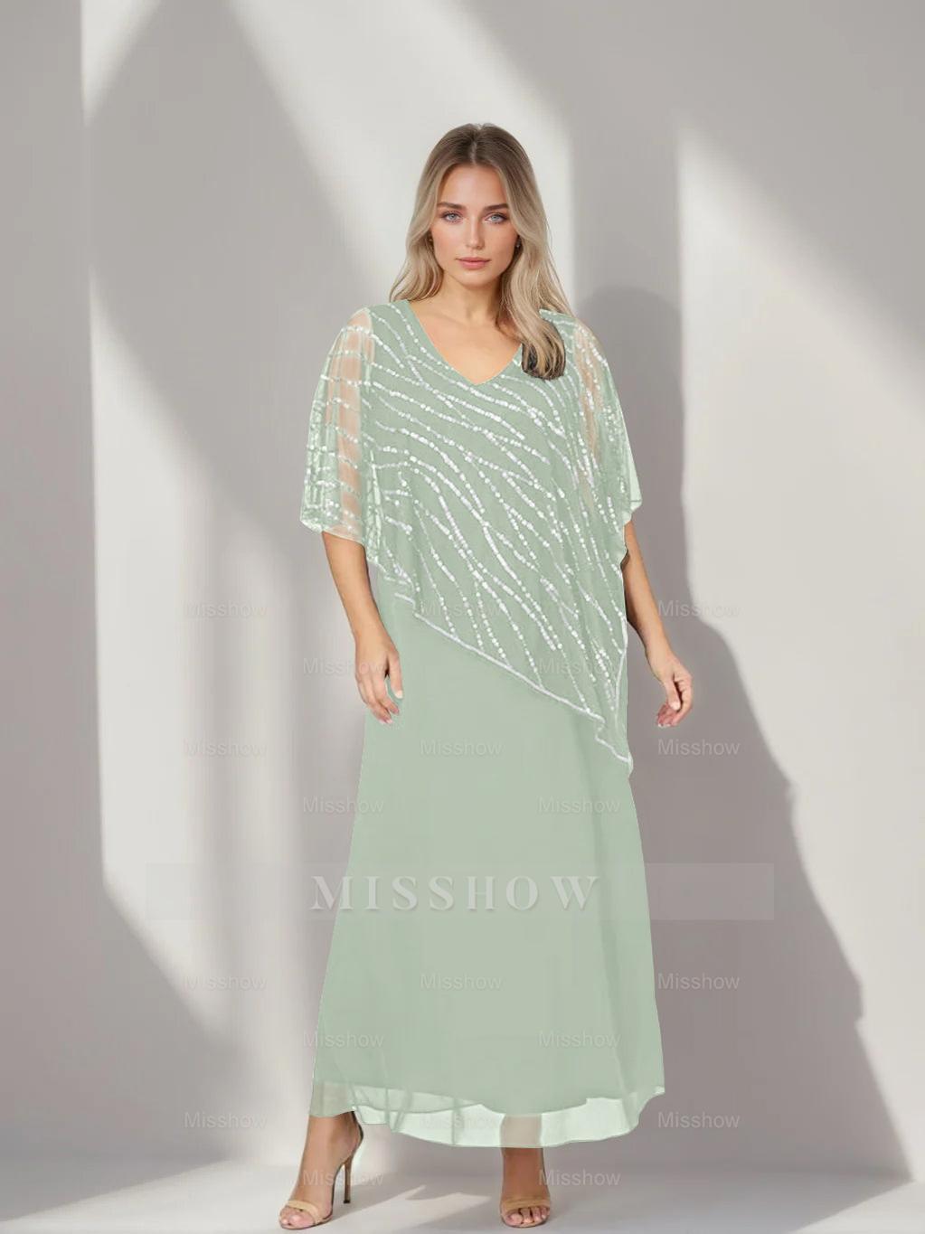 Plus Size V-Neck A-Line Princess Ankle-Length Mother of the Bride Dress with Asymmetrical Cape Popover and Half Sleeves