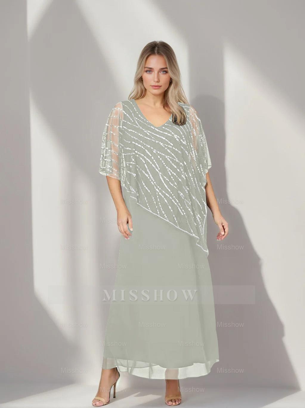 Plus Size V-Neck A-Line Princess Ankle-Length Mother of the Bride Dress with Asymmetrical Cape Popover and Half Sleeves