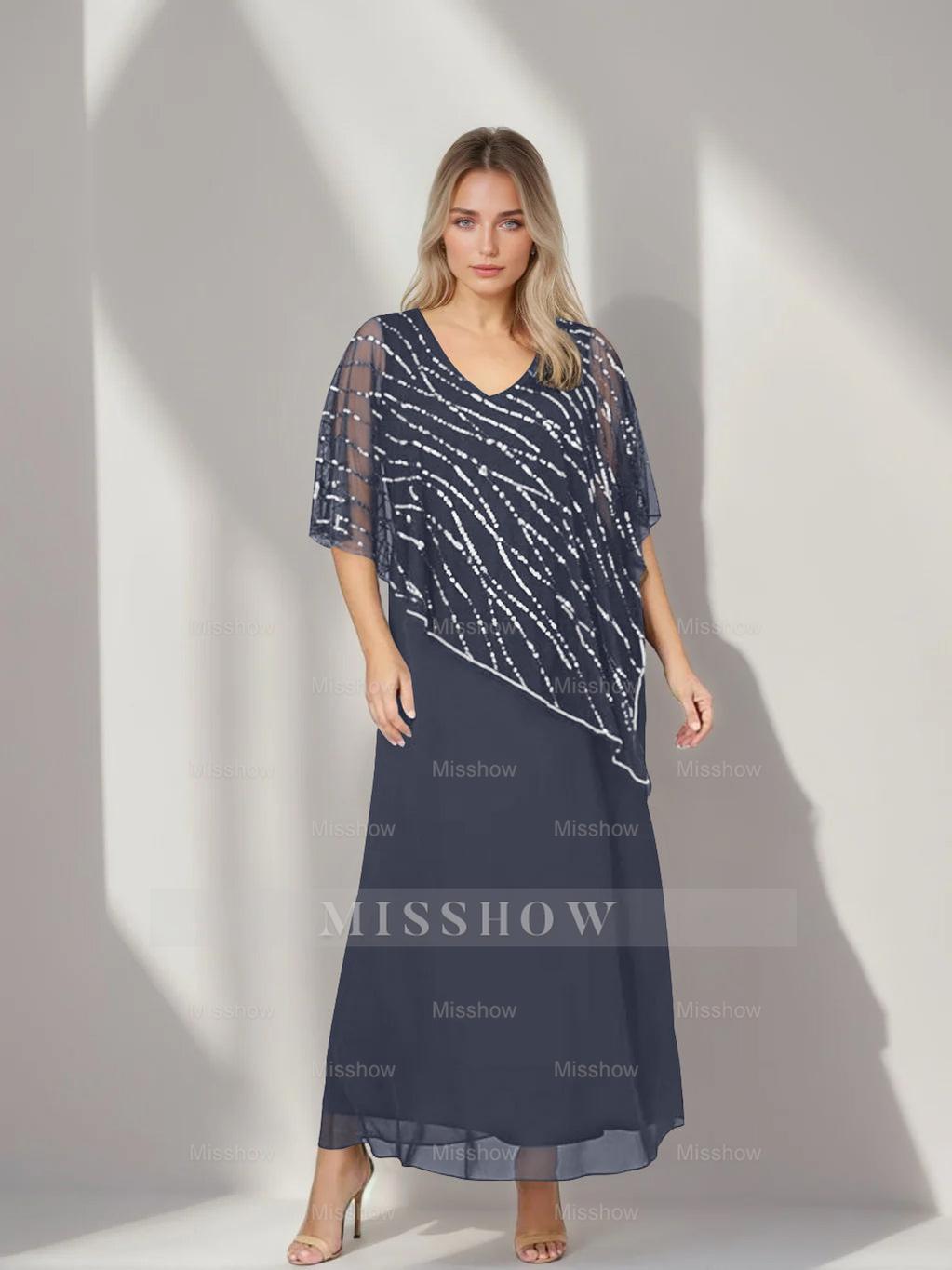 Plus Size V-Neck A-Line Princess Ankle-Length Mother of the Bride Dress with Asymmetrical Cape Popover and Half Sleeves