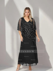 Plus Size V-Neck A-Line Princess Ankle-Length Mother of the Bride Dress with Asymmetrical Cape Popover and Half Sleeves
