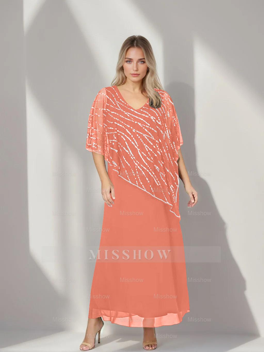 Plus Size V-Neck A-Line Princess Ankle-Length Mother of the Bride Dress with Asymmetrical Cape Popover and Half Sleeves