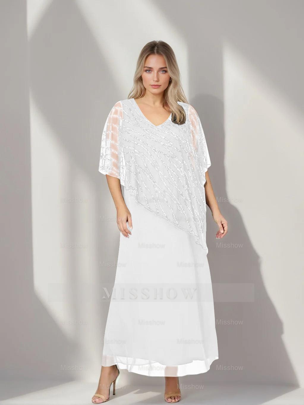 Plus Size V-Neck A-Line Princess Ankle-Length Mother of the Bride Dress with Asymmetrical Cape Popover and Half Sleeves