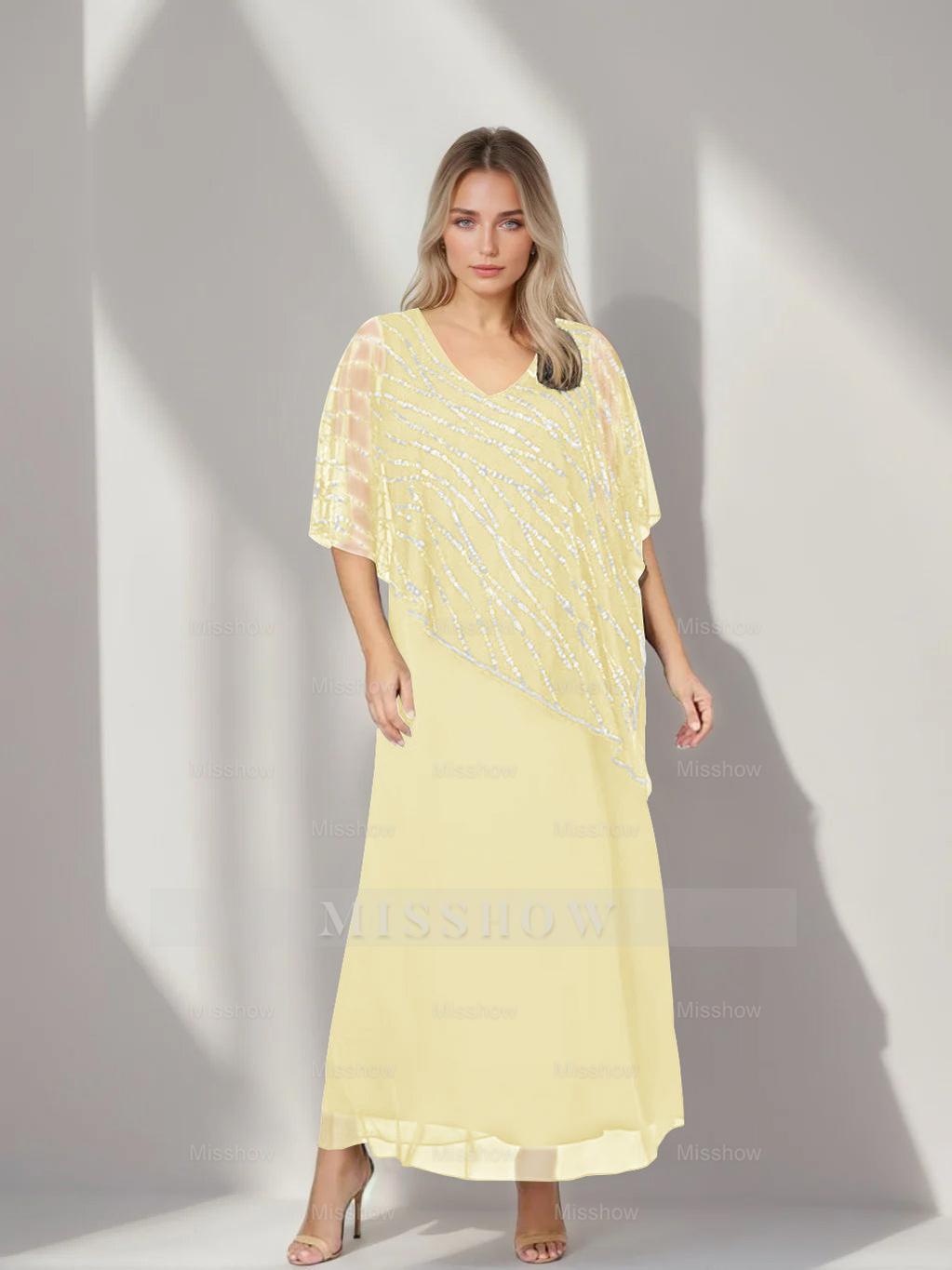 Plus Size V-Neck A-Line Princess Ankle-Length Mother of the Bride Dress with Asymmetrical Cape Popover and Half Sleeves