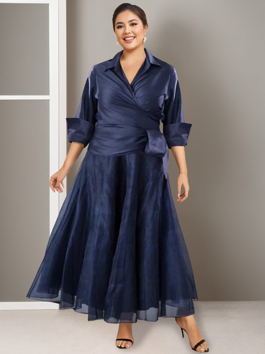 Plus Size V-Neck A-Line Princess Ankle-Length Ruched Mother of the Bride Dress with Half Sleeves