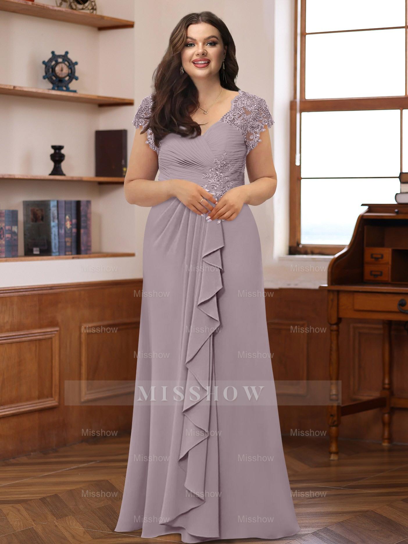 Plus Size V-Neck A-Line Princess Dress with Short Sleeves Ruffles and Appliques for Mothers of the Bride & Groom