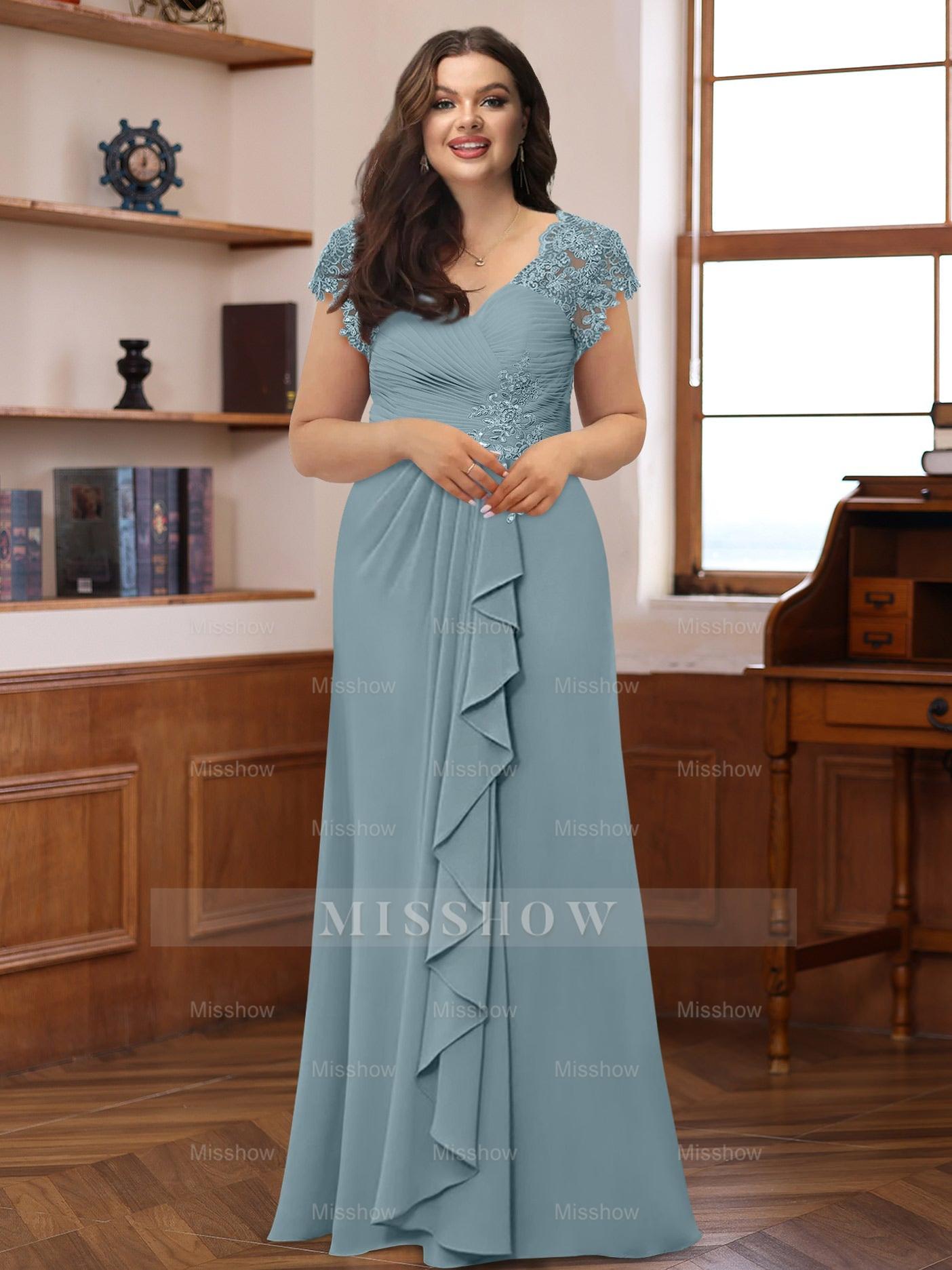 Plus Size V-Neck A-Line Princess Dress with Short Sleeves Ruffles and Appliques for Mothers of the Bride & Groom