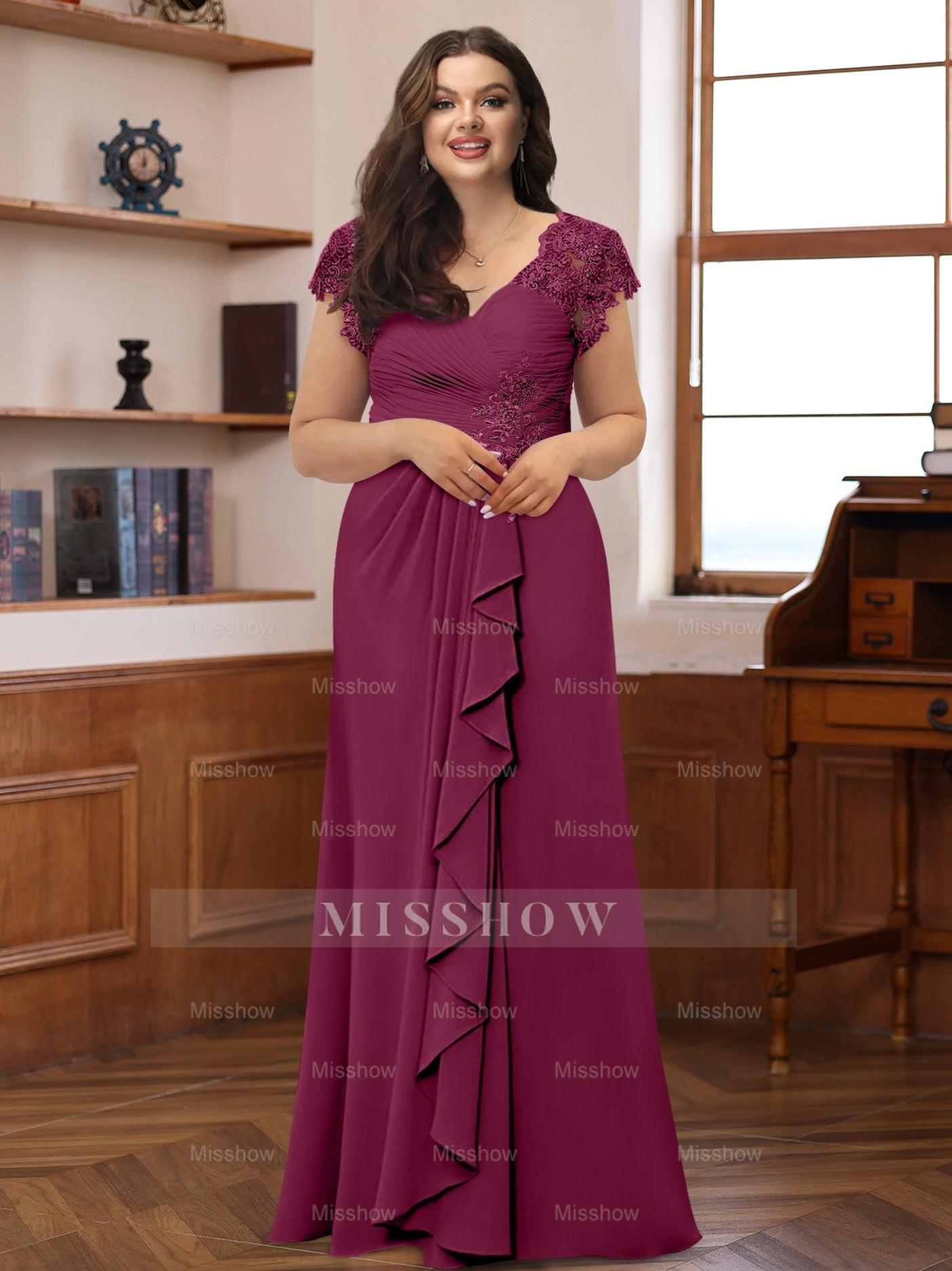 Plus Size V-Neck A-Line Princess Dress with Short Sleeves Ruffles and Appliques for Mothers of the Bride & Groom