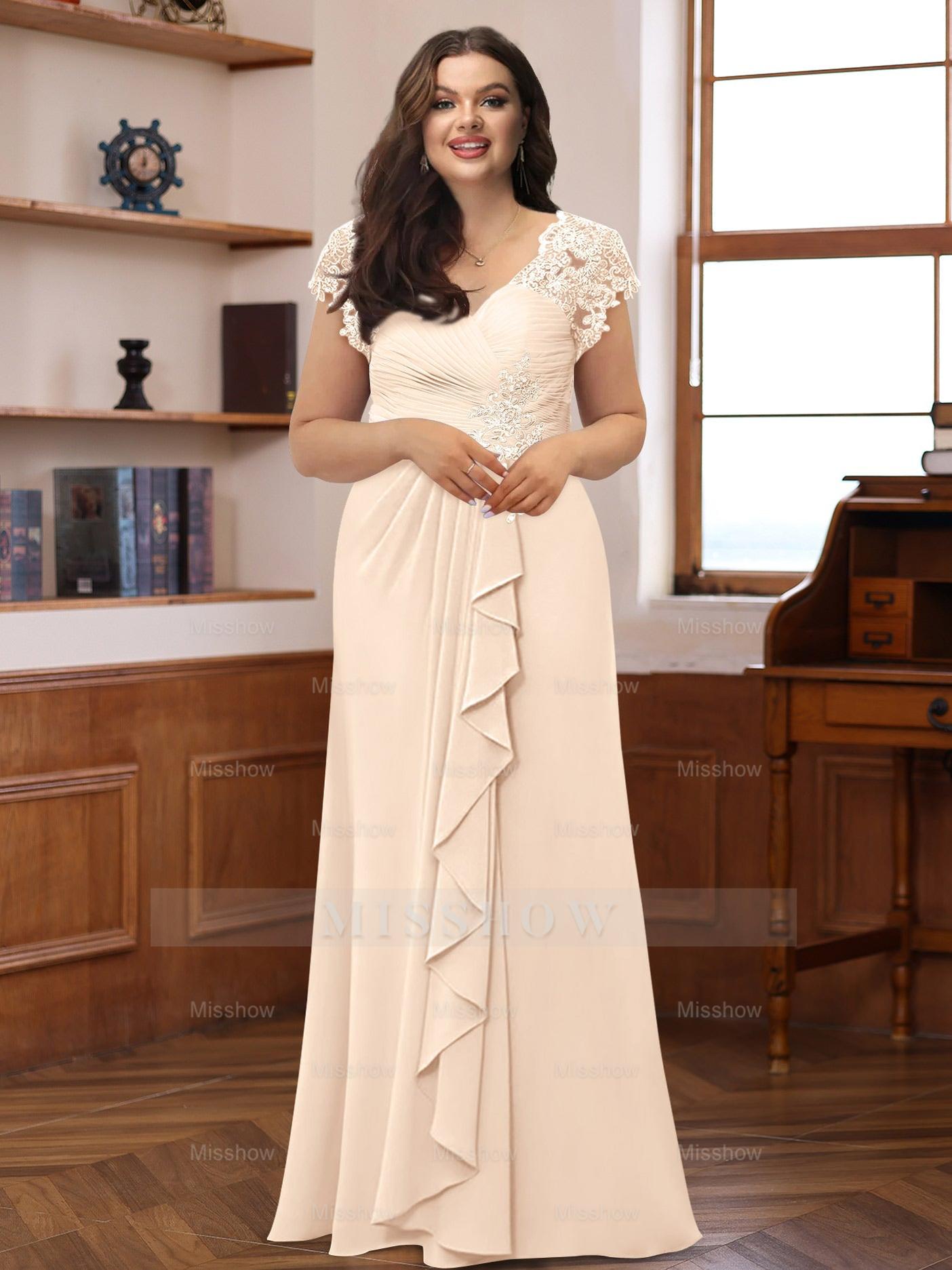 Plus Size V-Neck A-Line Princess Dress with Short Sleeves Ruffles and Appliques for Mothers of the Bride & Groom