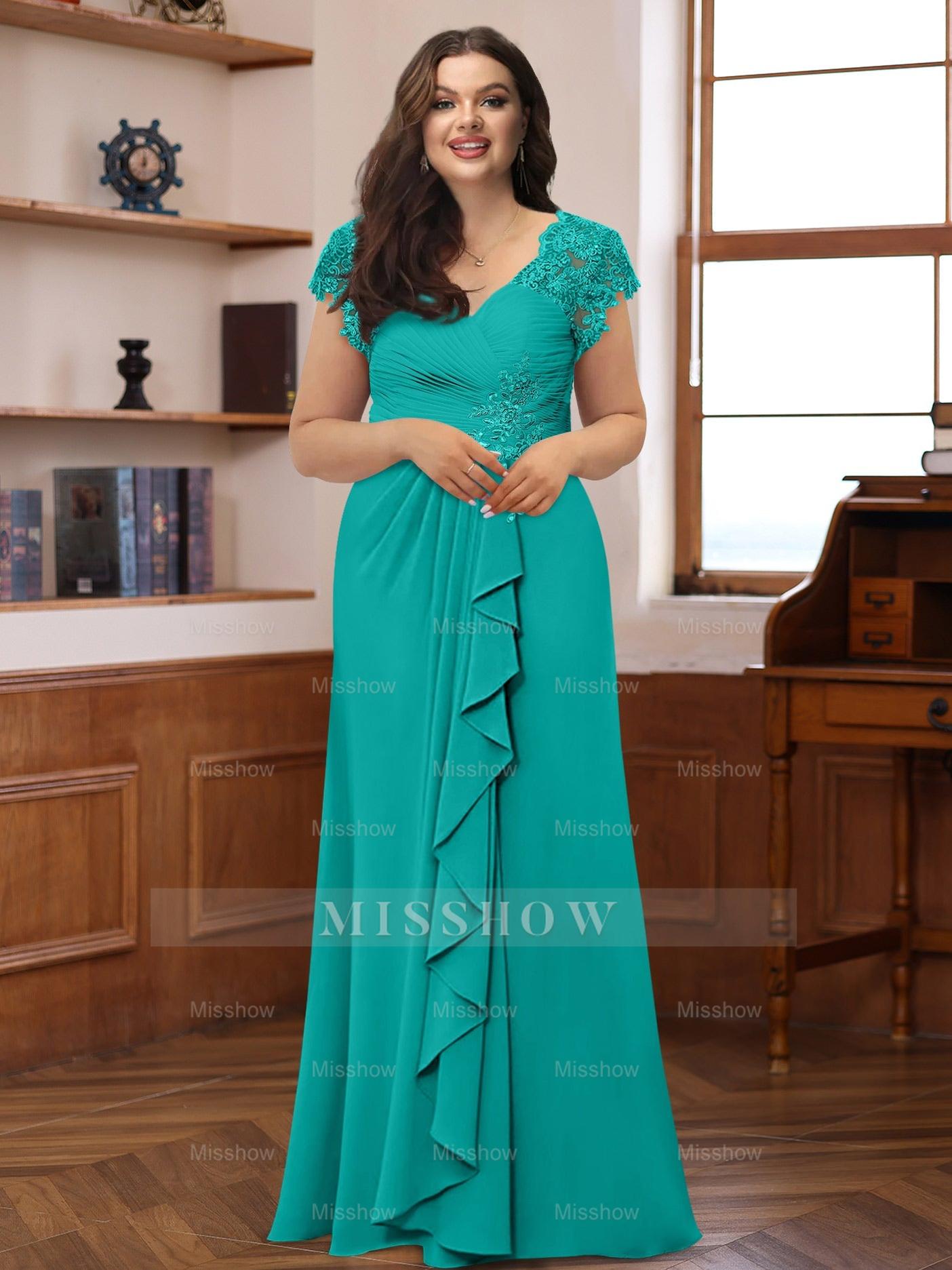 Plus Size V-Neck A-Line Princess Dress with Short Sleeves Ruffles and Appliques for Mothers of the Bride & Groom