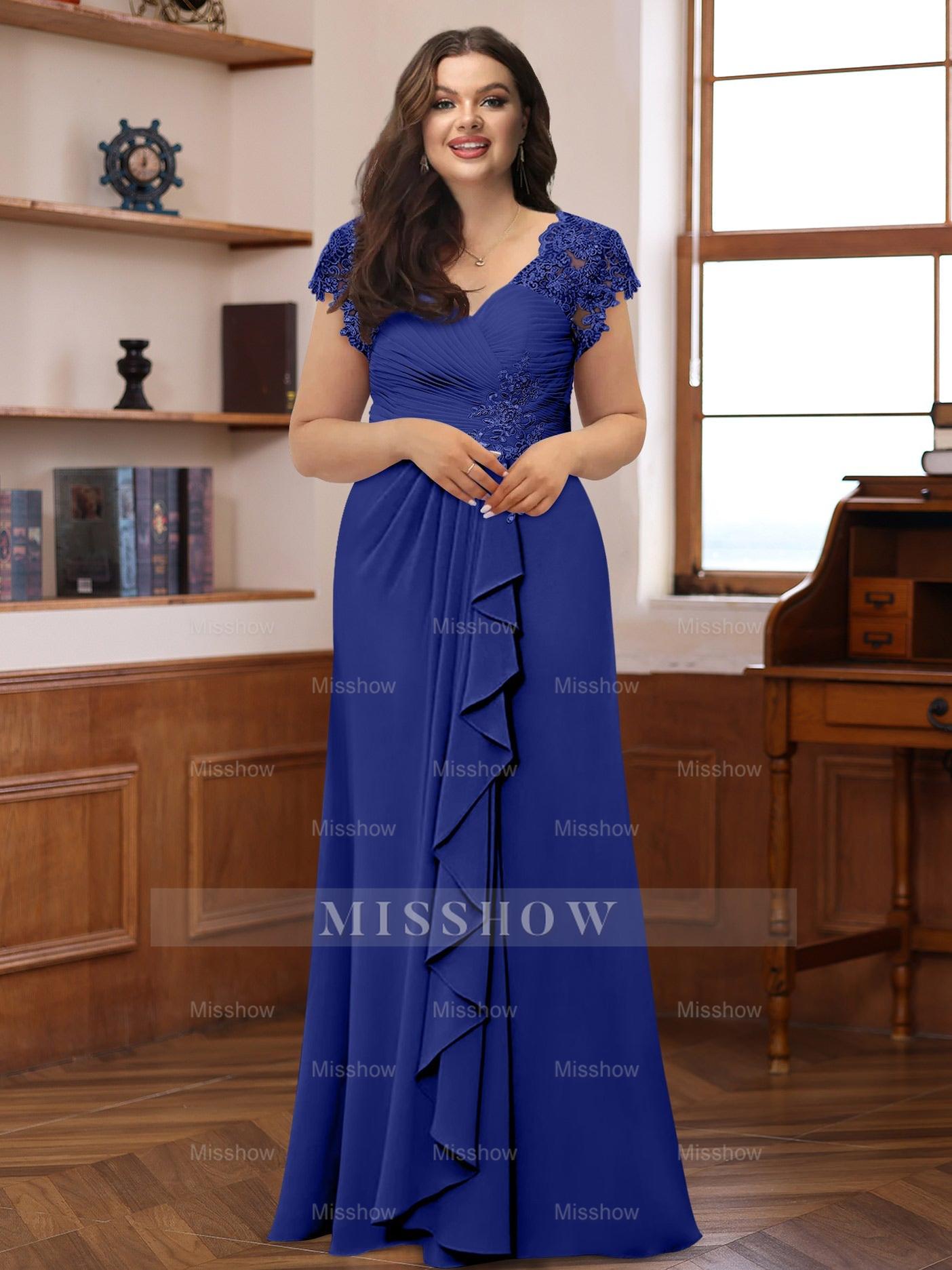 Plus Size V-Neck A-Line Princess Dress with Short Sleeves Ruffles and Appliques for Mothers of the Bride & Groom