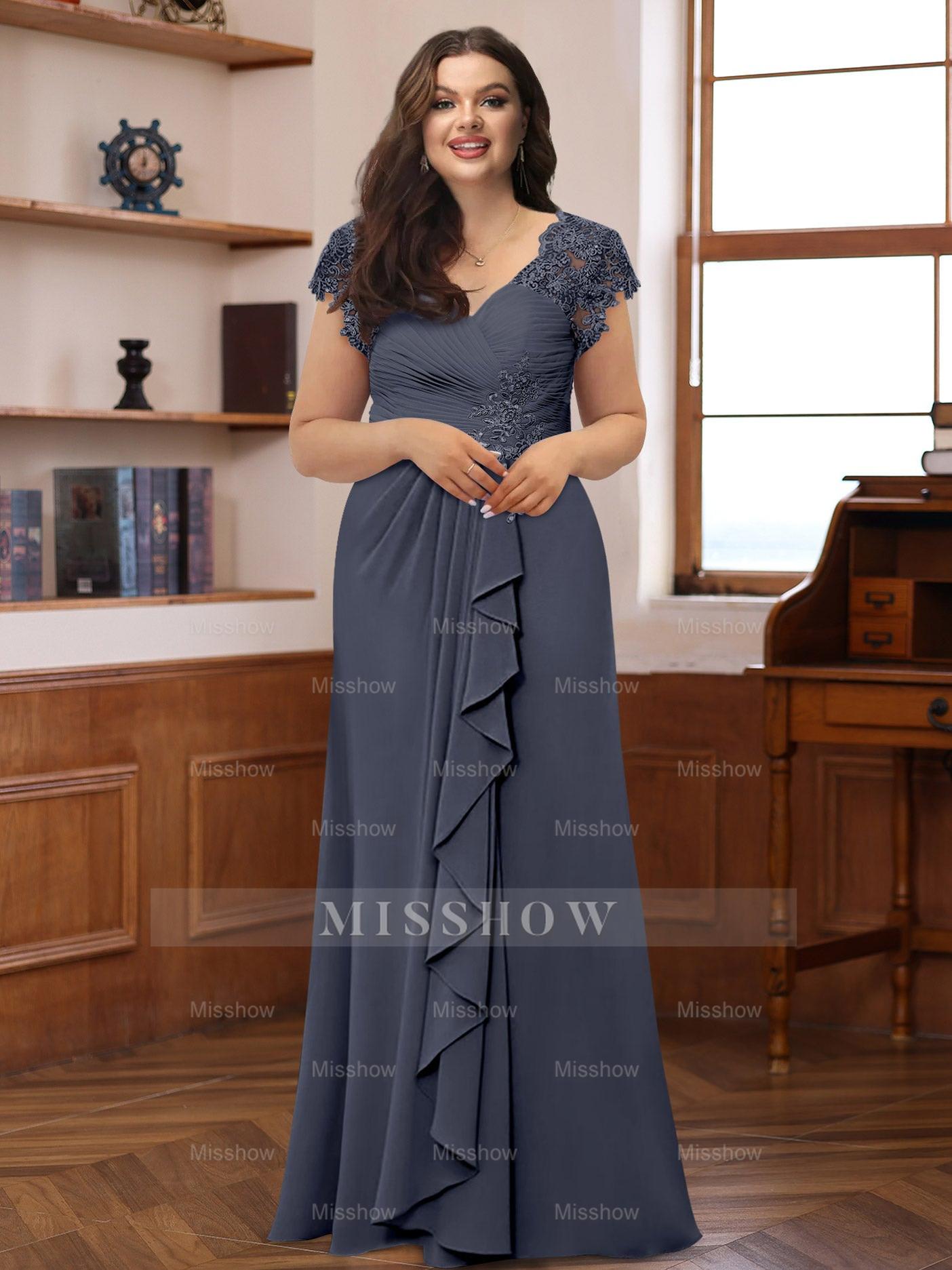 Plus Size V-Neck A-Line Princess Dress with Short Sleeves Ruffles and Appliques for Mothers of the Bride & Groom