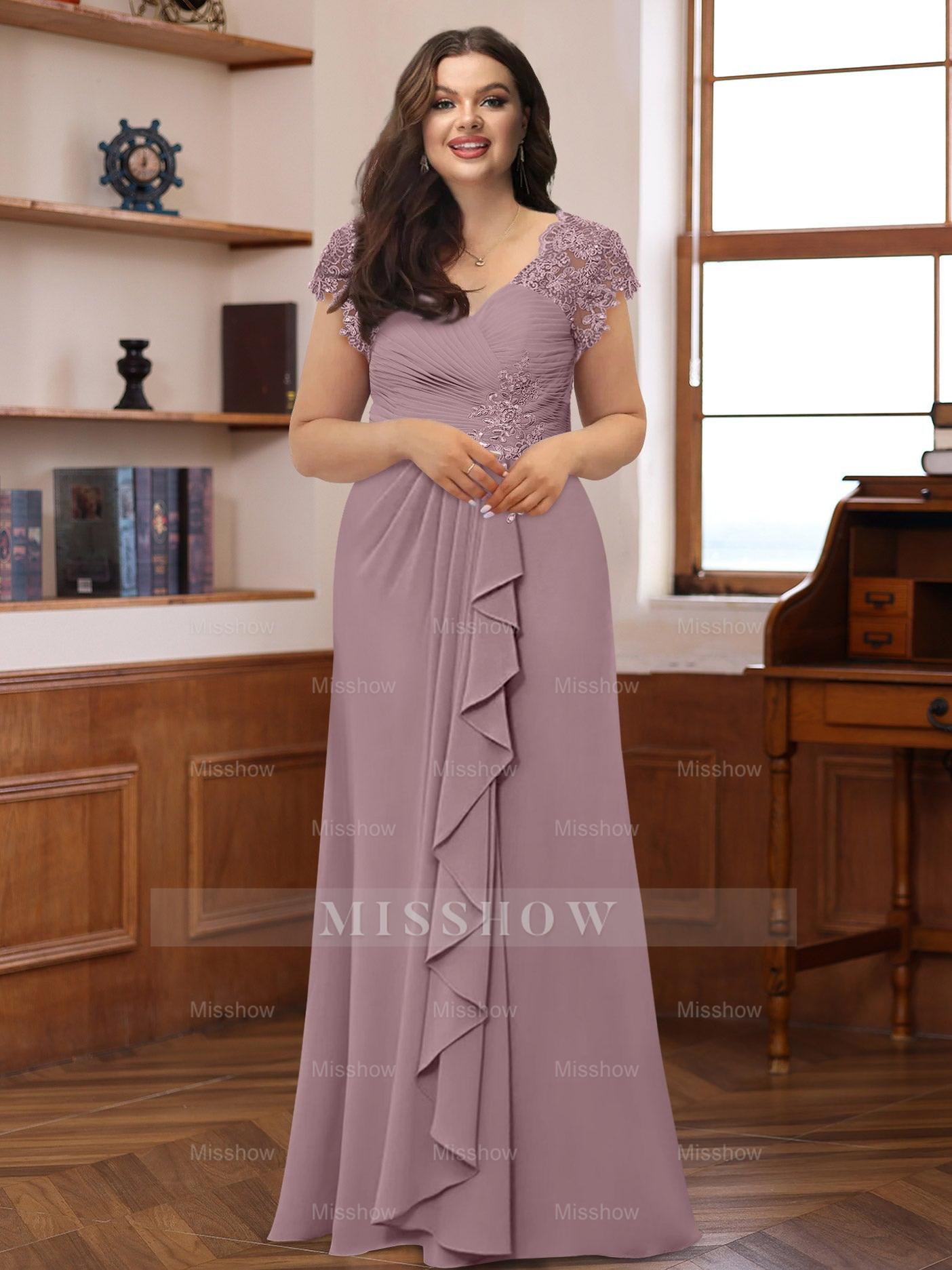 Plus Size V-Neck A-Line Princess Dress with Short Sleeves Ruffles and Appliques for Mothers of the Bride & Groom