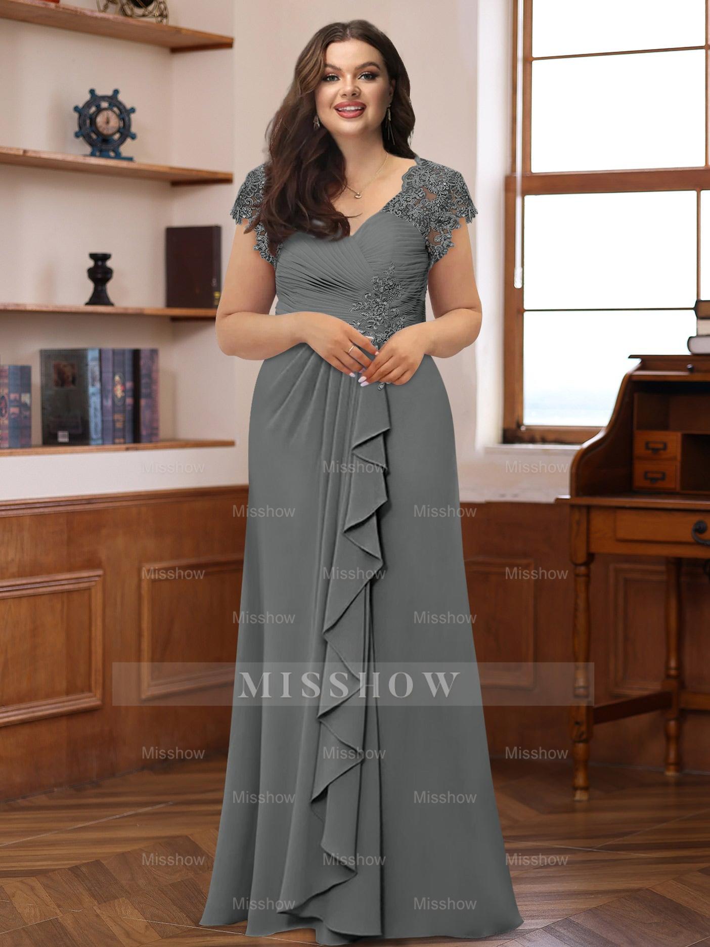 Plus Size V-Neck A-Line Princess Dress with Short Sleeves Ruffles and Appliques for Mothers of the Bride & Groom