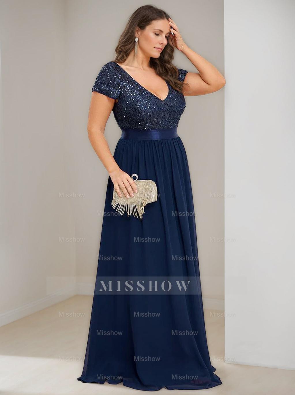 Plus Size V-Neck A-Line Princess Floor-Length Chiffon Mother Of The Bride Dress with Ribbon and Short Sleeves