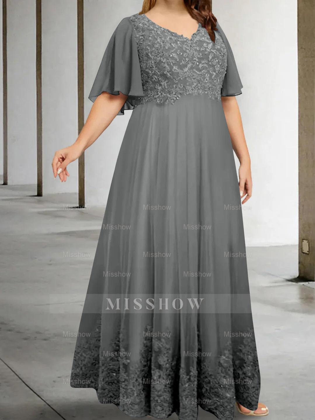 Plus Size V-Neck A-Line Princess Floor-Length Mother of the Bride Dress with Appliques and Half Sleeves