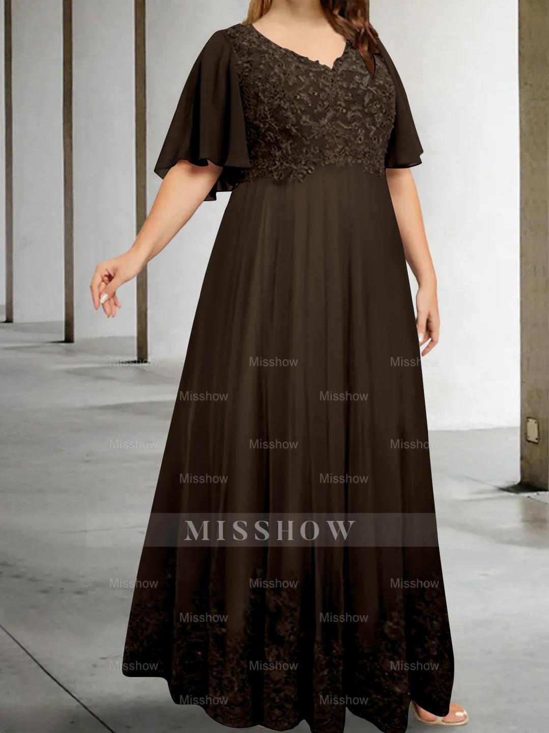 Plus Size V-Neck A-Line Princess Floor-Length Mother of the Bride Dress with Appliques and Half Sleeves