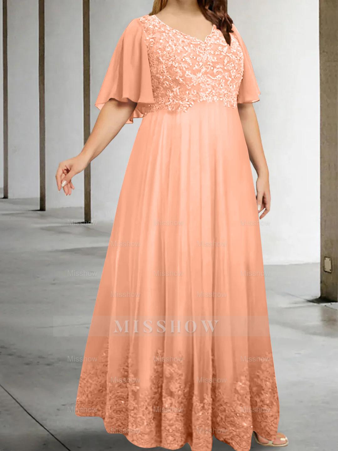 Plus Size V-Neck A-Line Princess Floor-Length Mother of the Bride Dress with Appliques and Half Sleeves