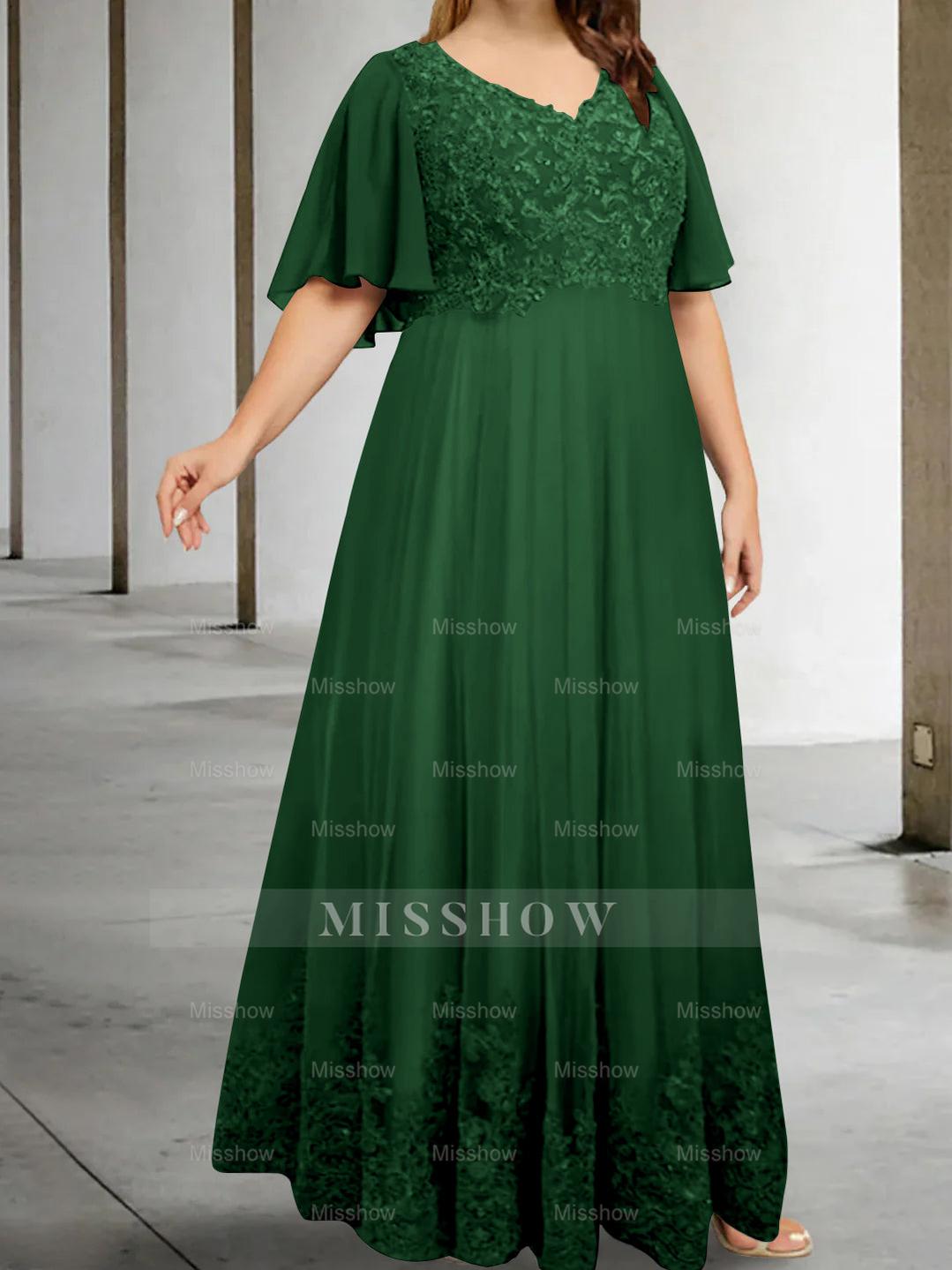 Plus Size V-Neck A-Line Princess Floor-Length Mother of the Bride Dress with Appliques and Half Sleeves
