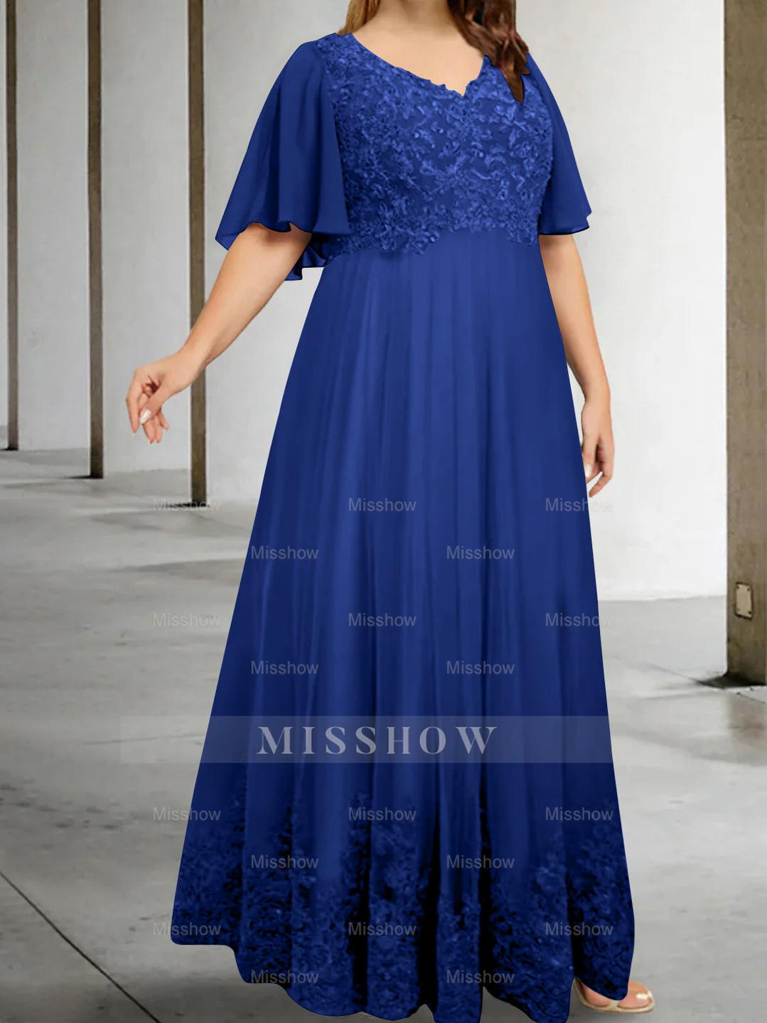 Plus Size V-Neck A-Line Princess Floor-Length Mother of the Bride Dress with Appliques and Half Sleeves