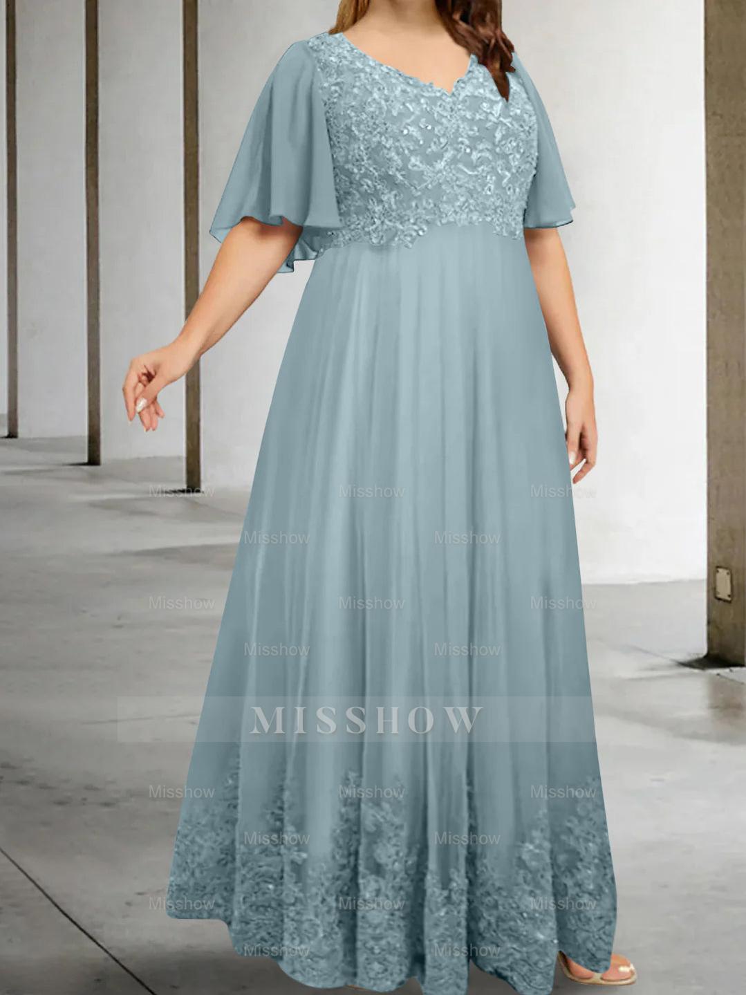 Plus Size V-Neck A-Line Princess Floor-Length Mother of the Bride Dress with Appliques and Half Sleeves