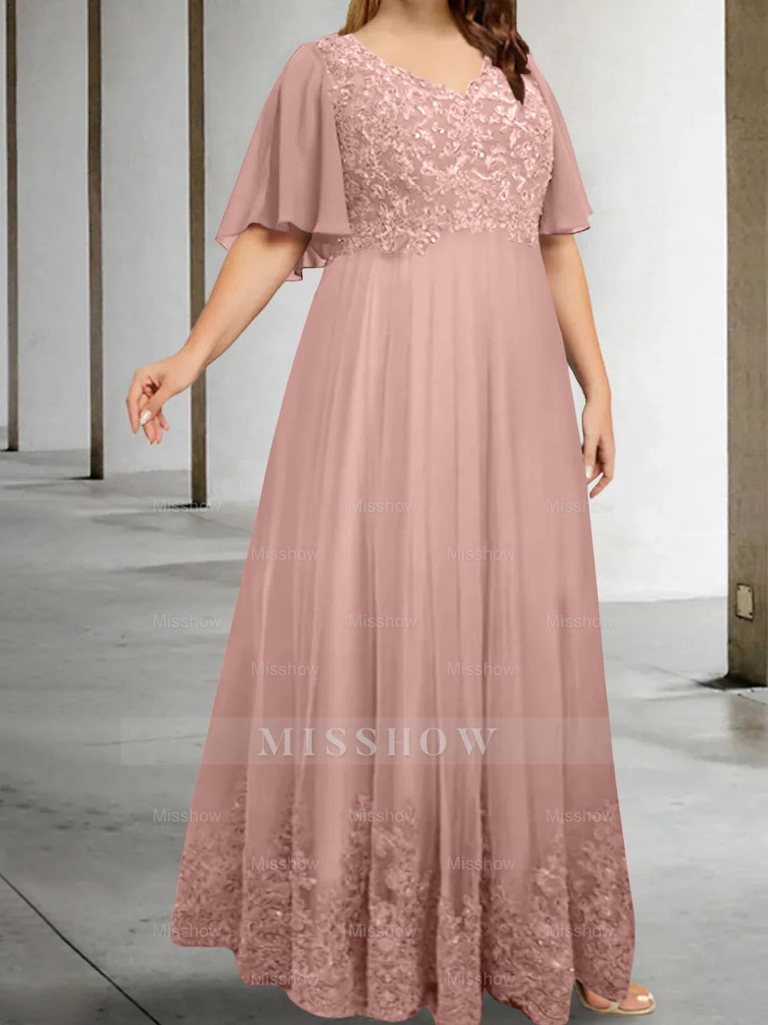 Plus Size V-Neck A-Line Princess Floor-Length Mother of the Bride Dress with Appliques and Half Sleeves