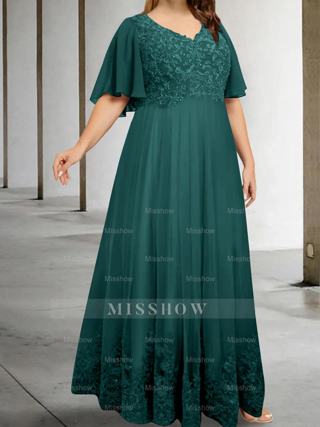 Plus Size V-Neck A-Line Princess Floor-Length Mother of the Bride Dress with Appliques and Half Sleeves