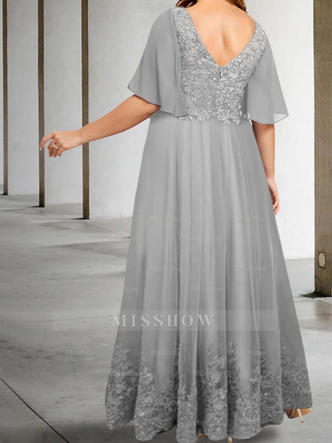 Plus Size V-Neck A-Line Princess Floor-Length Mother of the Bride Dress with Appliques and Half Sleeves