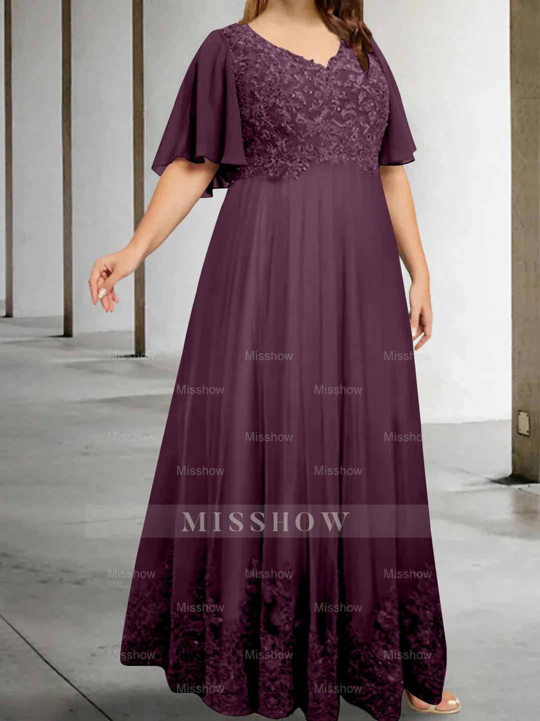 Plus Size V-Neck A-Line Princess Floor-Length Mother of the Bride Dress with Appliques and Half Sleeves