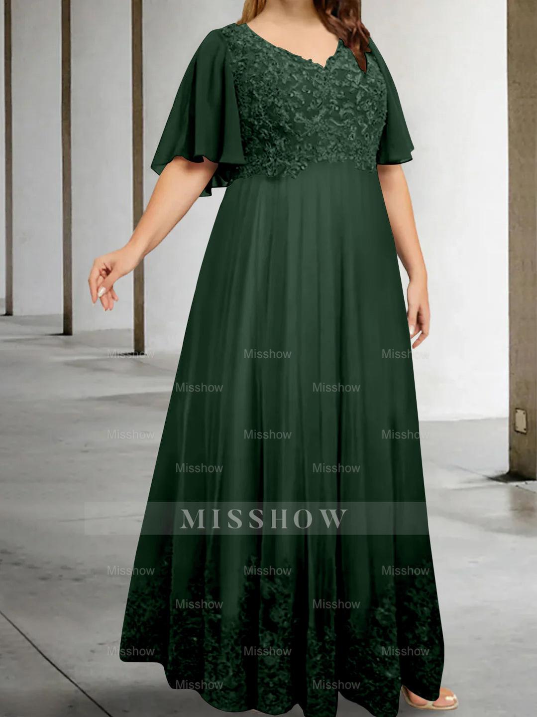 Plus Size V-Neck A-Line Princess Floor-Length Mother of the Bride Dress with Appliques and Half Sleeves