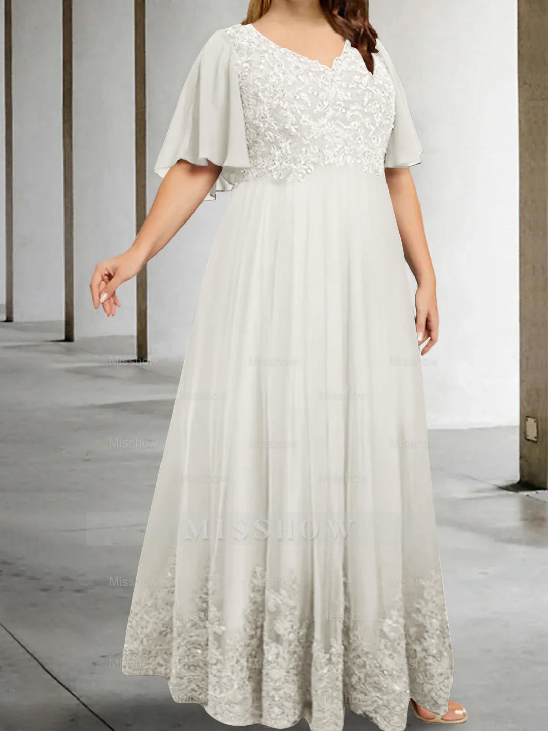 Plus Size V-Neck A-Line Princess Floor-Length Mother of the Bride Dress with Appliques and Half Sleeves