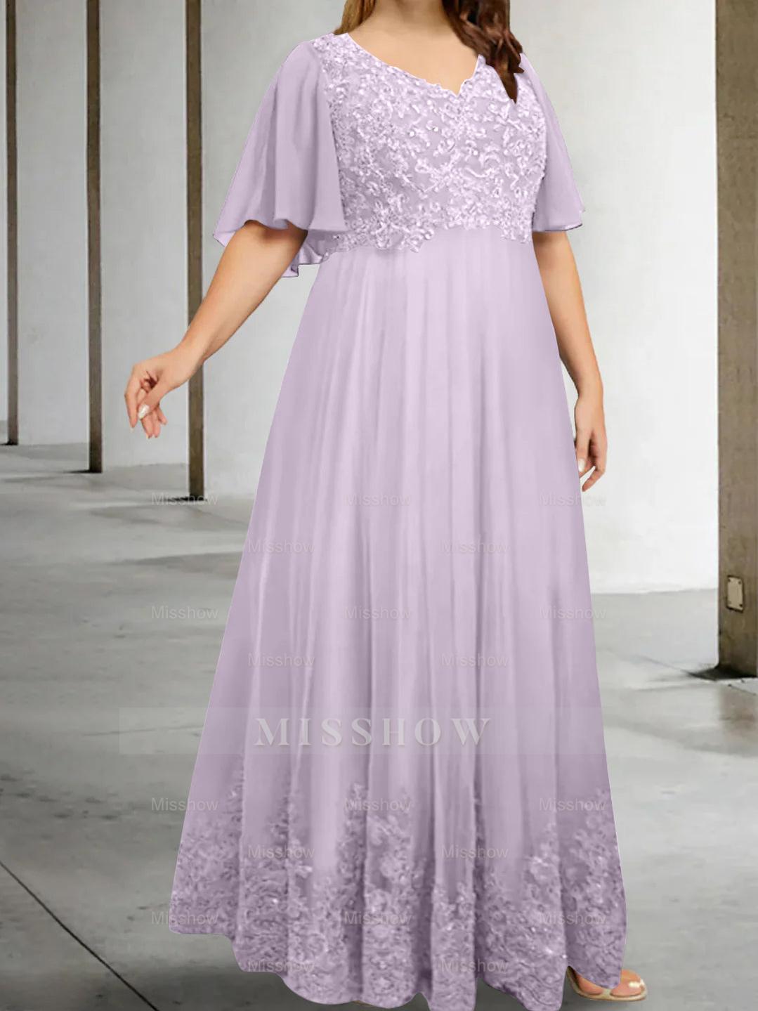 Plus Size V-Neck A-Line Princess Floor-Length Mother of the Bride Dress with Appliques and Half Sleeves
