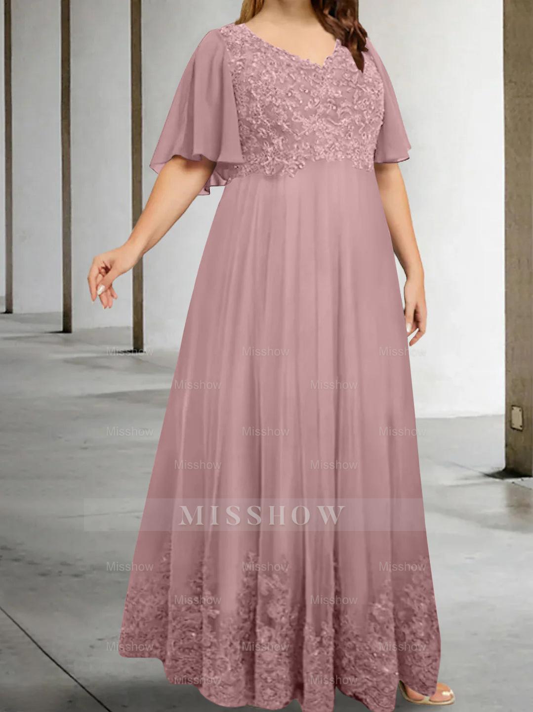 Plus Size V-Neck A-Line Princess Floor-Length Mother of the Bride Dress with Appliques and Half Sleeves
