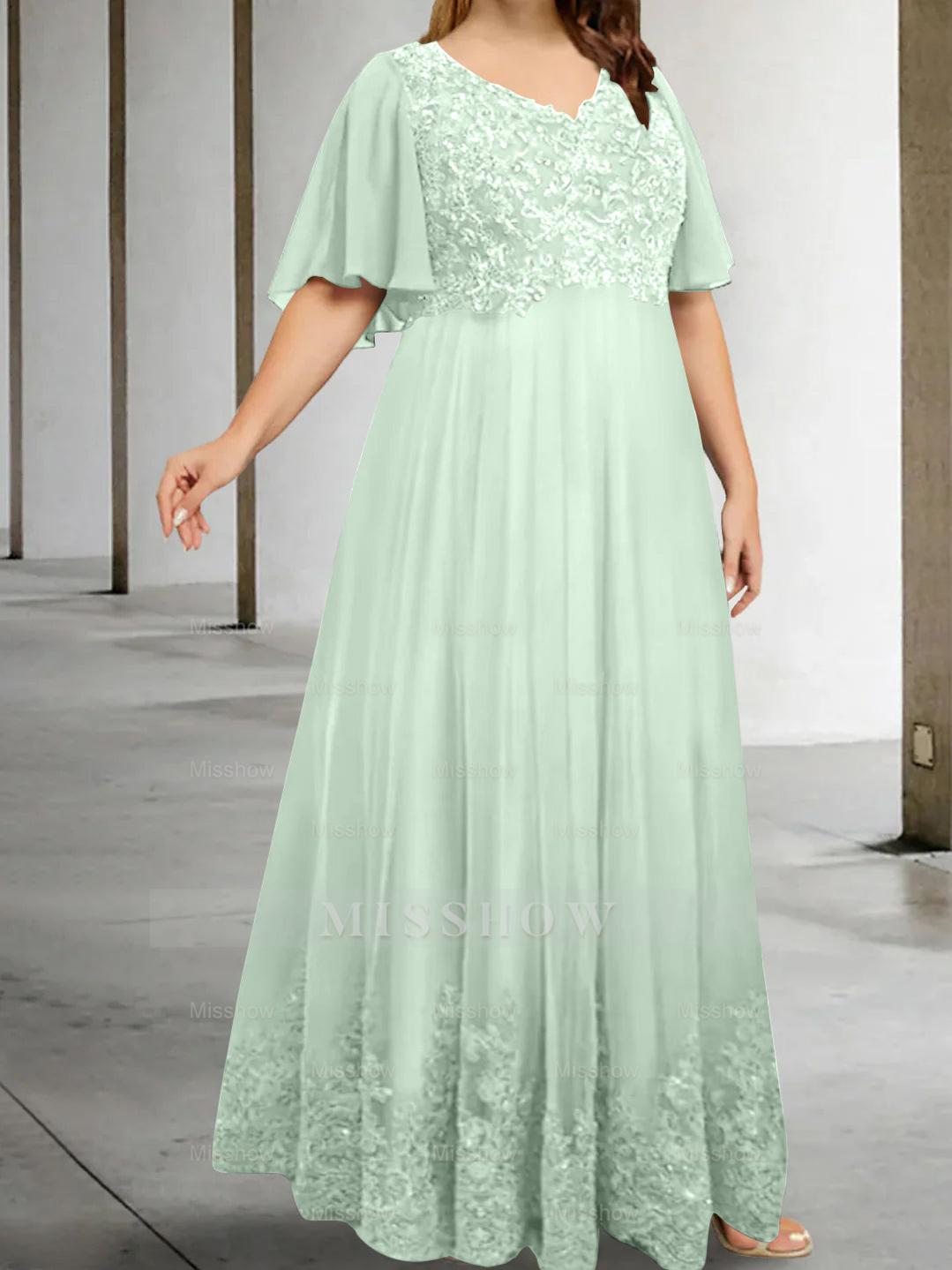 Plus Size V-Neck A-Line Princess Floor-Length Mother of the Bride Dress with Appliques and Half Sleeves